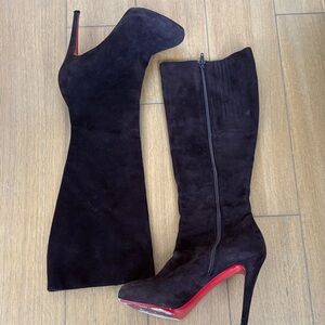 Christian Louboutin Chocolate brown Suede Heeled Boots with Red Sole